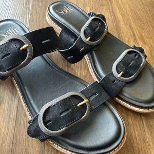 Sofft Elmira Slide Sandals Buckle Black Suede Womens 9.5 Slip On Shoe Leather